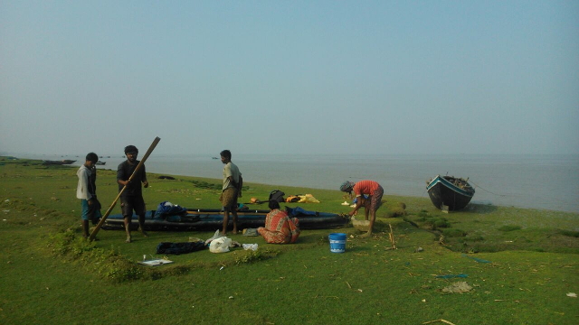 18th February 2015 - 3. The Kayak being packed, the last part of the journey to be done on the fishing boat, Tengra Char, just below Kakdwip island near the confluence of the Hoogly river and the Bay of Bengal, West Bengal, India